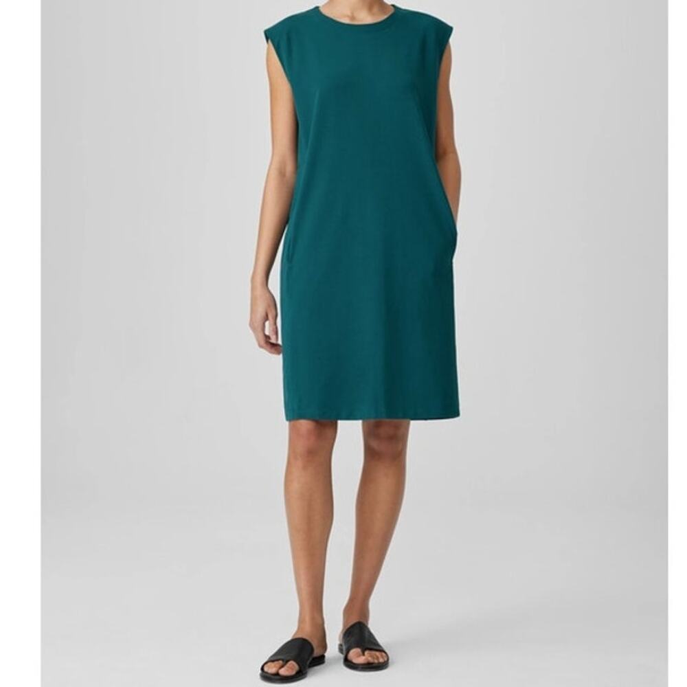 Eileen Fisher AEGEAN Pima Cotton Stretch Jersey Round Neck Dress Size XL NWOT